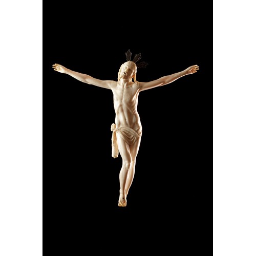 Italian Baroque Ivory of Christ Crucified Attended by the Virgin Mary and Saint John by Giovanni Antonio Gualterio
